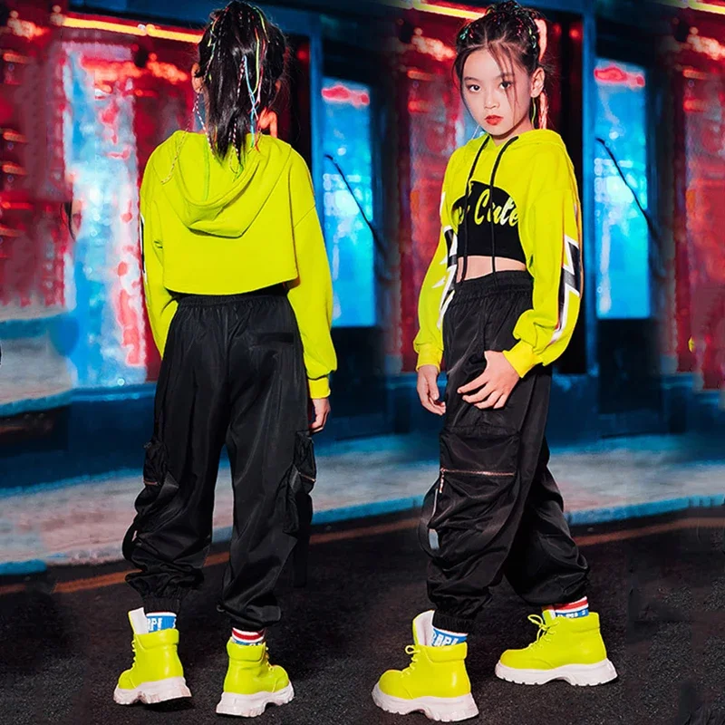 Kinder Mädchen Hip Hop Kostüm fluor zierende grüne Ernte Tops lässig schwarze Hosen Mädchen Jazz moderne Tanz kleidung Show tragen grün