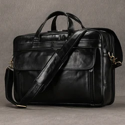 Maleta de couro genuíno masculina, bolsa de computador de grande capacidade, couro de vaca preta, bolsa mensageiro masculina, bolsas de negócios