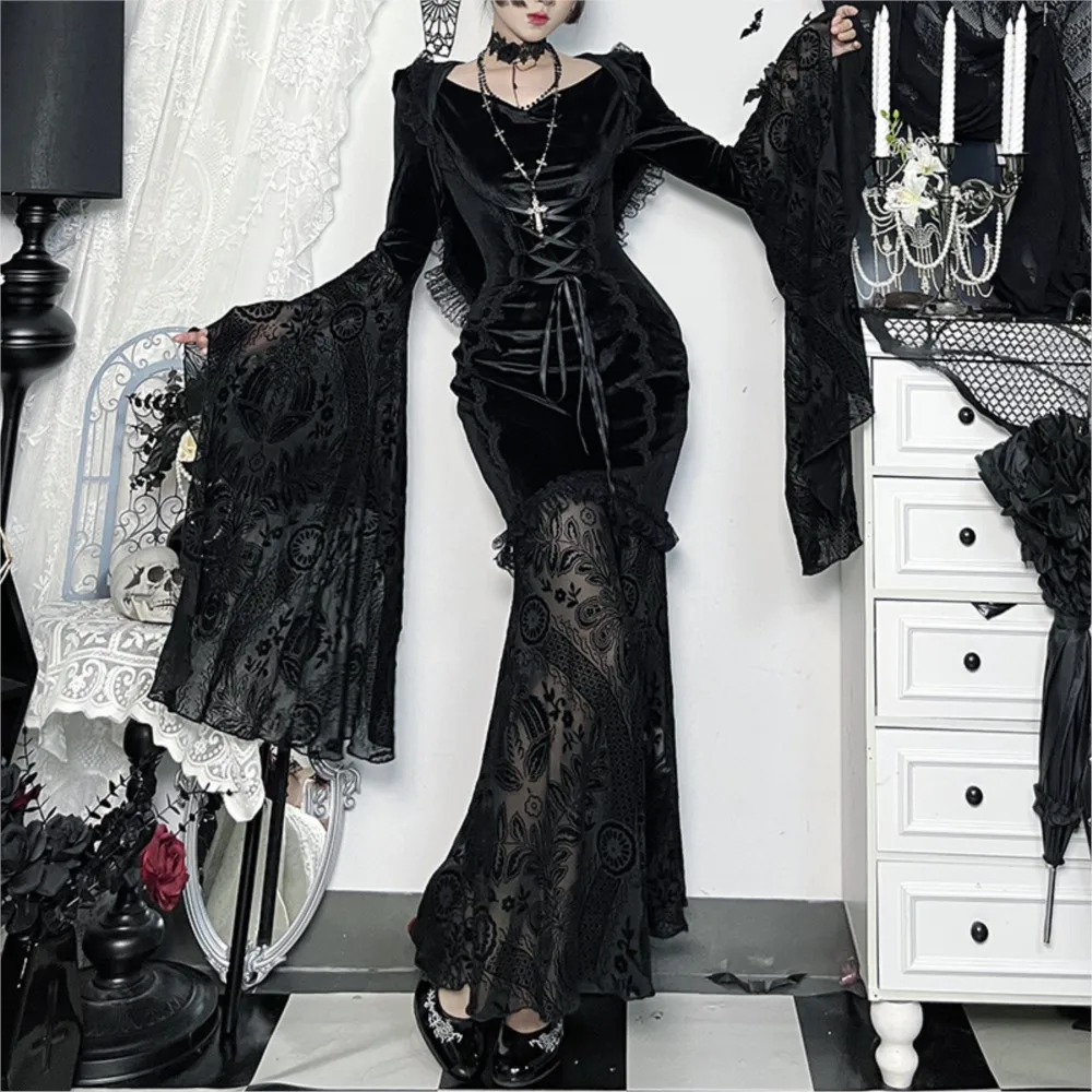 

Autumn Winter New Dress Solid Color Fashion Slim Gothic Style Woman Clothes Mid-waist Long Sleeves Straps Bell Sleeves Vestidos