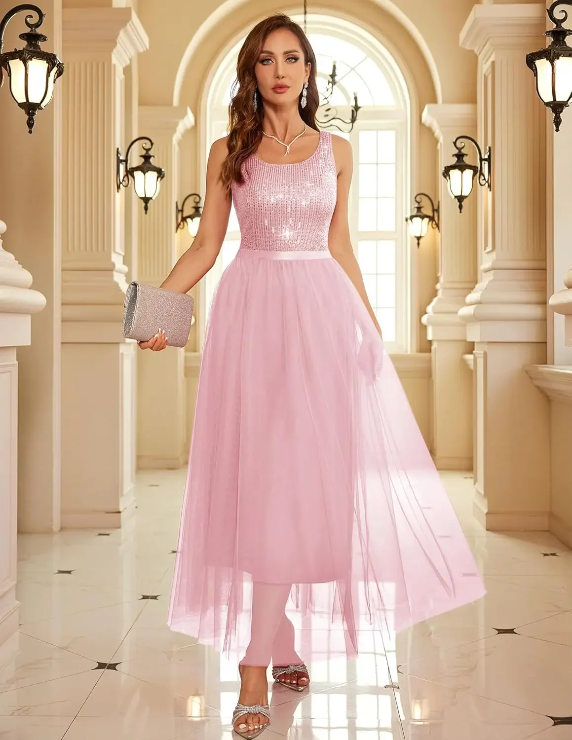 Abiti lunghi da cocktail senza maniche Abiti da damigella d'onore per feste Abito con paillettes per donna Abito vintage in rete con altalena formale da sposa