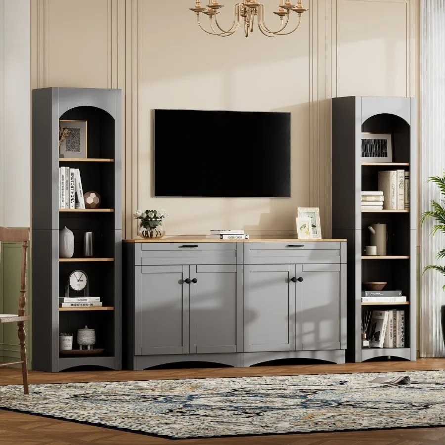 

ONTREND 3Piece Farmhouse Entertainment Center with Storage Cabinet for TVs Up to 70 MidCentury TV Stand with Bookshelf Rustic V