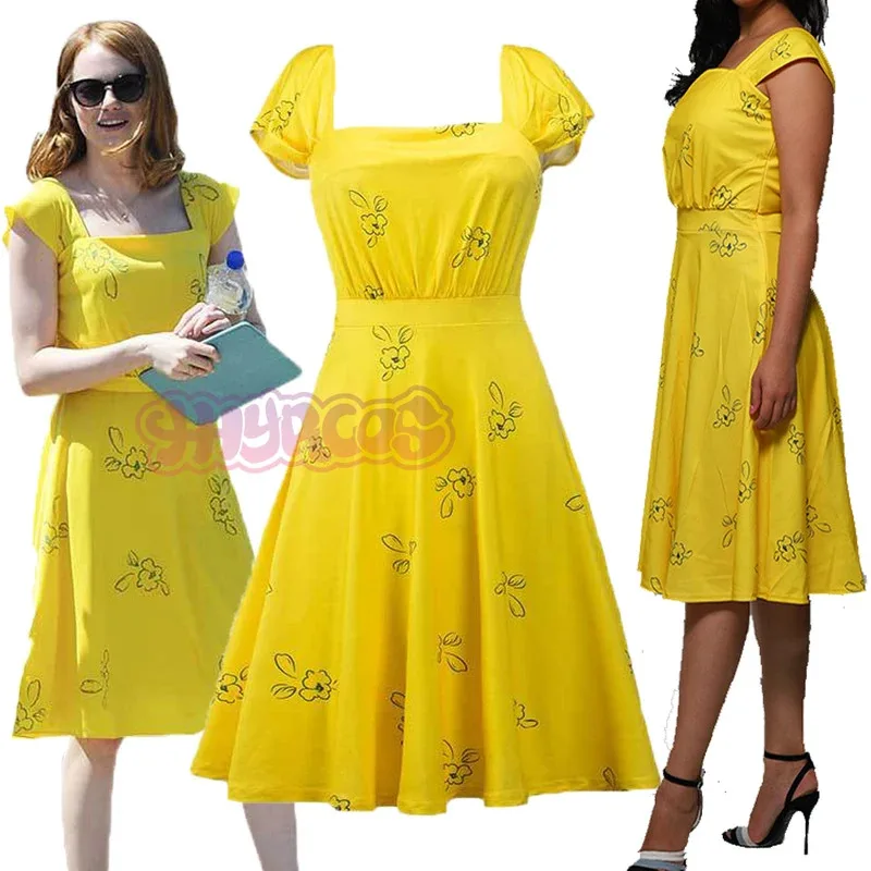 

Anime Movie La La Land Mia Cosplay Costume Halloween Carnival Party Yellow Dress Women's Summer Sleeveless Skirt Sexy dress Men