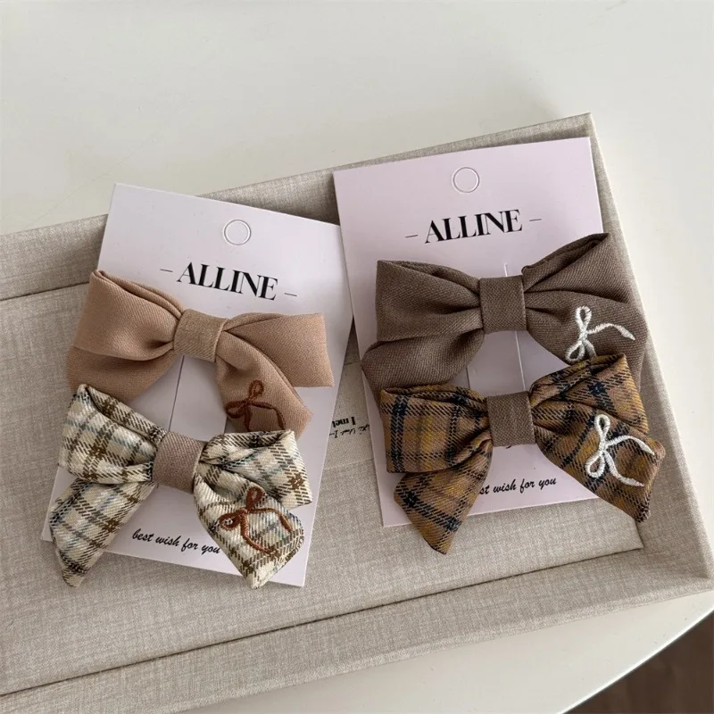 Milk coffee color plaid embroidered bow hairpin sweet and cute BB clip versatile texture side clip hair accessories