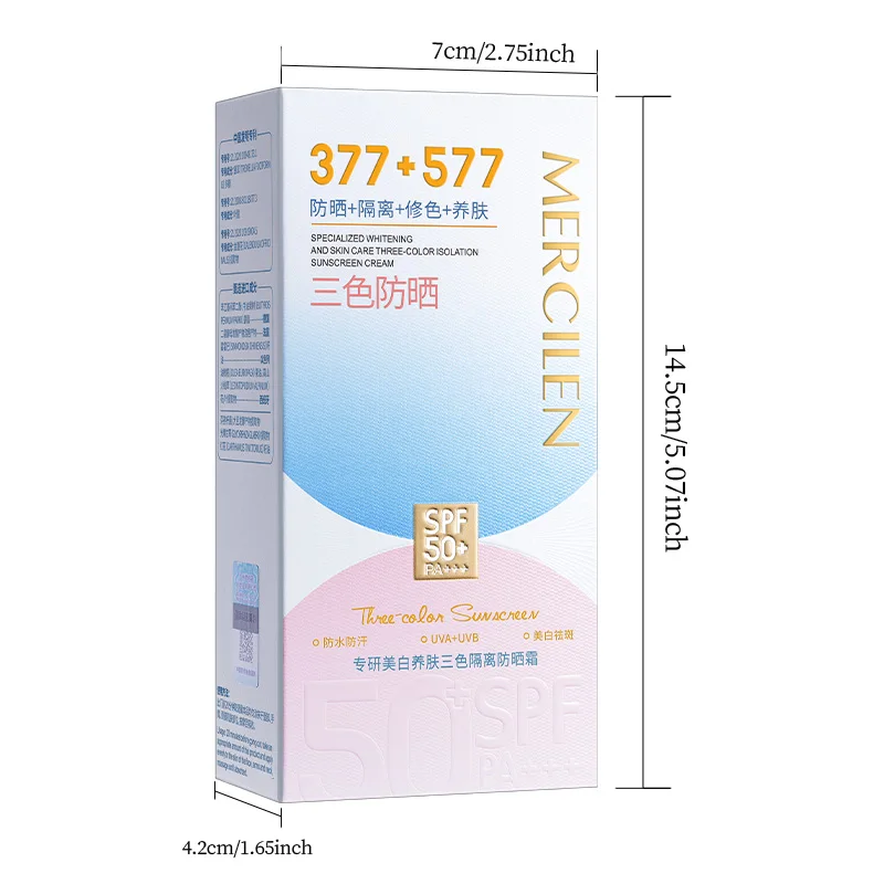 Mercilen Three-Color Isolation Sunscreen, Pf50+, Pa+++ High-Level Sun Protection, Non-Greasy Formula, Broad-Spectrum Uva/Uvb Sunscreen, Brightens and Conceals, Isolates and Moisturizes, Evens Out Skin Tone, Waterproof and Sweat-Resistant, Soothes the Skin and Provides Uv Protection, Lightweight Formula Suitable for Summer Outdoor Beach Activities