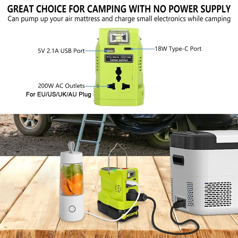 For Ryobi 18V Lithium Battery Outdoor Portable Inverter with 280LM LED Light,DC 18V To AC 120V 220V Modified Sine Wave Inverter