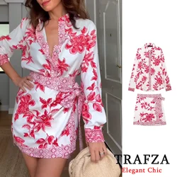 TRAFZA Romantic Chic Short Skirt Shirts Set Women's Flower Print Shirts+Mini Skirt New 2024 Summer OOTD Holiday Beach Set