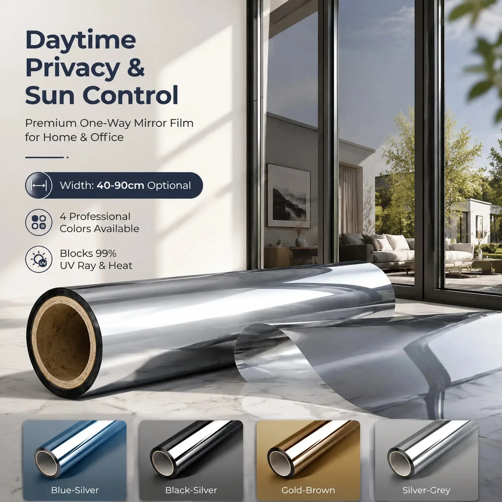 Silberne Transparente Sonnenschutzfolie, Selbstklebende Einweg-Spiegelfolie aus PET, UV-Beständig, Tageslicht-Privatsphäre-Glasaufkleber