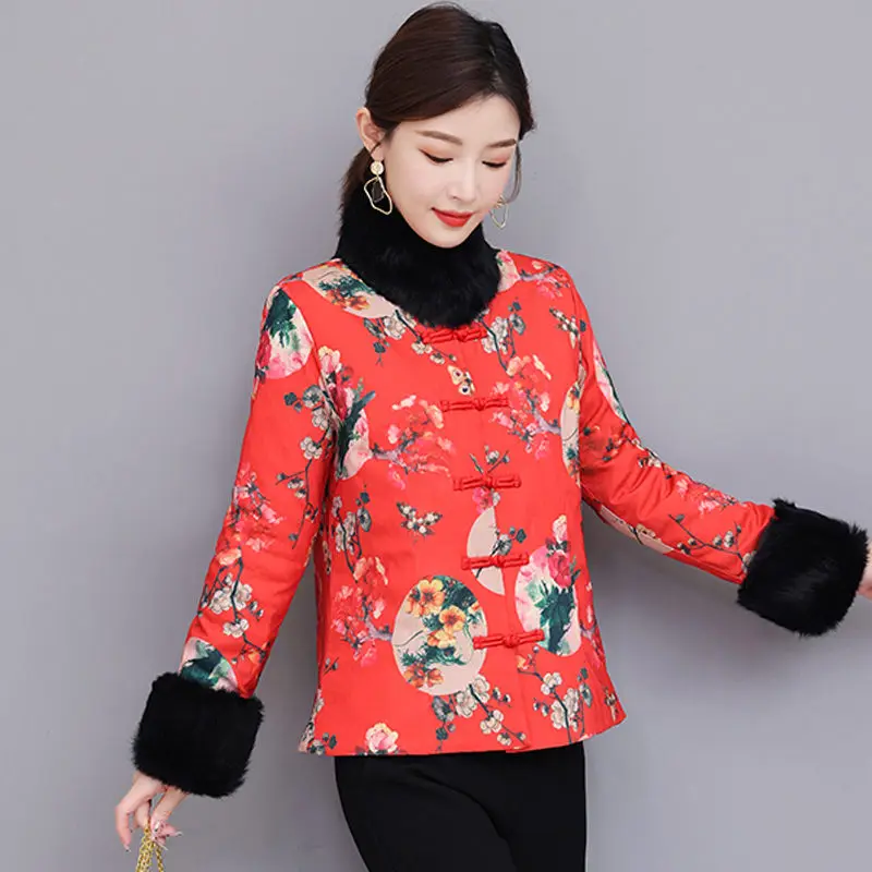 Estilo chinês acolchoado jaqueta outono inverno retro fivela curto engrossado gola de pele e manguito roupas algodão mãe acolchoado casaco t674