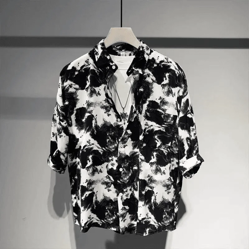 Men's Summer Trendy Vintage Ink Painting High Street Button Down Shirt Casual Lapel Short Sleeve Oversize Tops Camisa Masculina