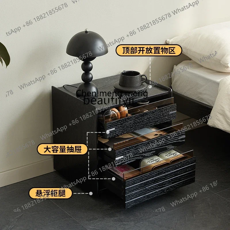 cc182Italian minimalist solid wood bedside table, bedroom home black, ultra-narrow crevice storage, locker R