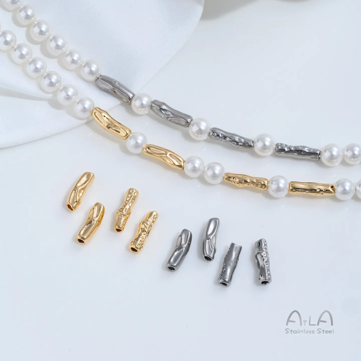 4PCS Baroque Hammered Tube Beads, Anti-fade Titanium Steel Handmade Jewelry Making Parts