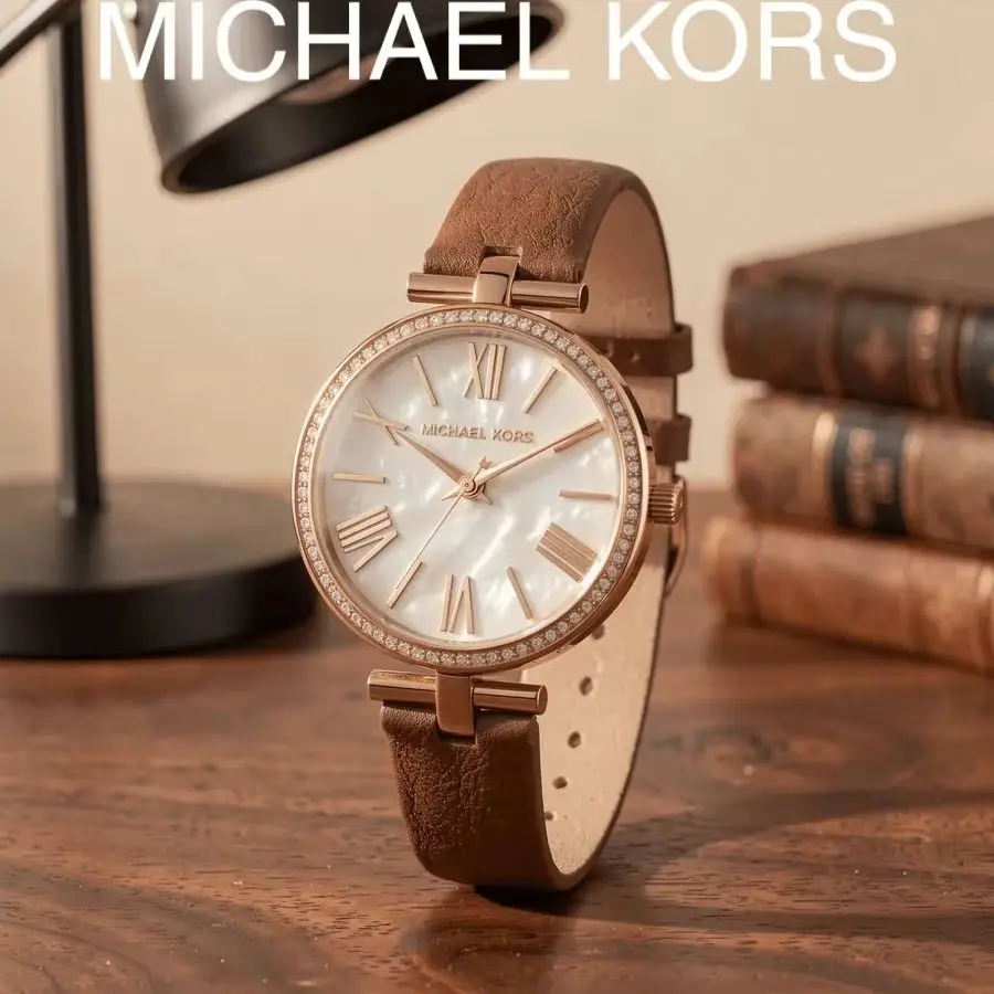 MK Ladies Watch, Mother of Pearl Dial, Pave Crystal Bezel, Roman Numerals, Brown Leather Strap, Rose Gold Quartz Wristwatch