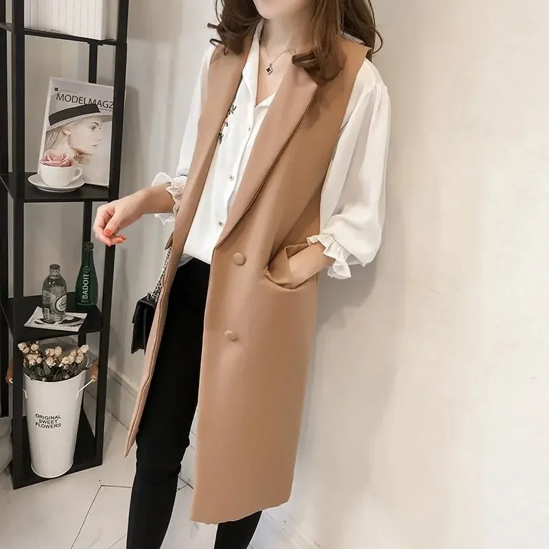 New Casual Blazer Women Vest Office Lady Long Suit Vest 2024 Spring Autumn Female Pockets Waistcoat Sleeveless Jackets Coats