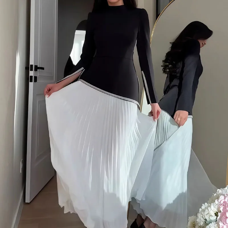 Women Fashion Draped Slim Long Skirt Outfits Casual Hight Waist Solid 2Pc Suit Elegant Stand Collar Long Sleeve Top & Skirt Set