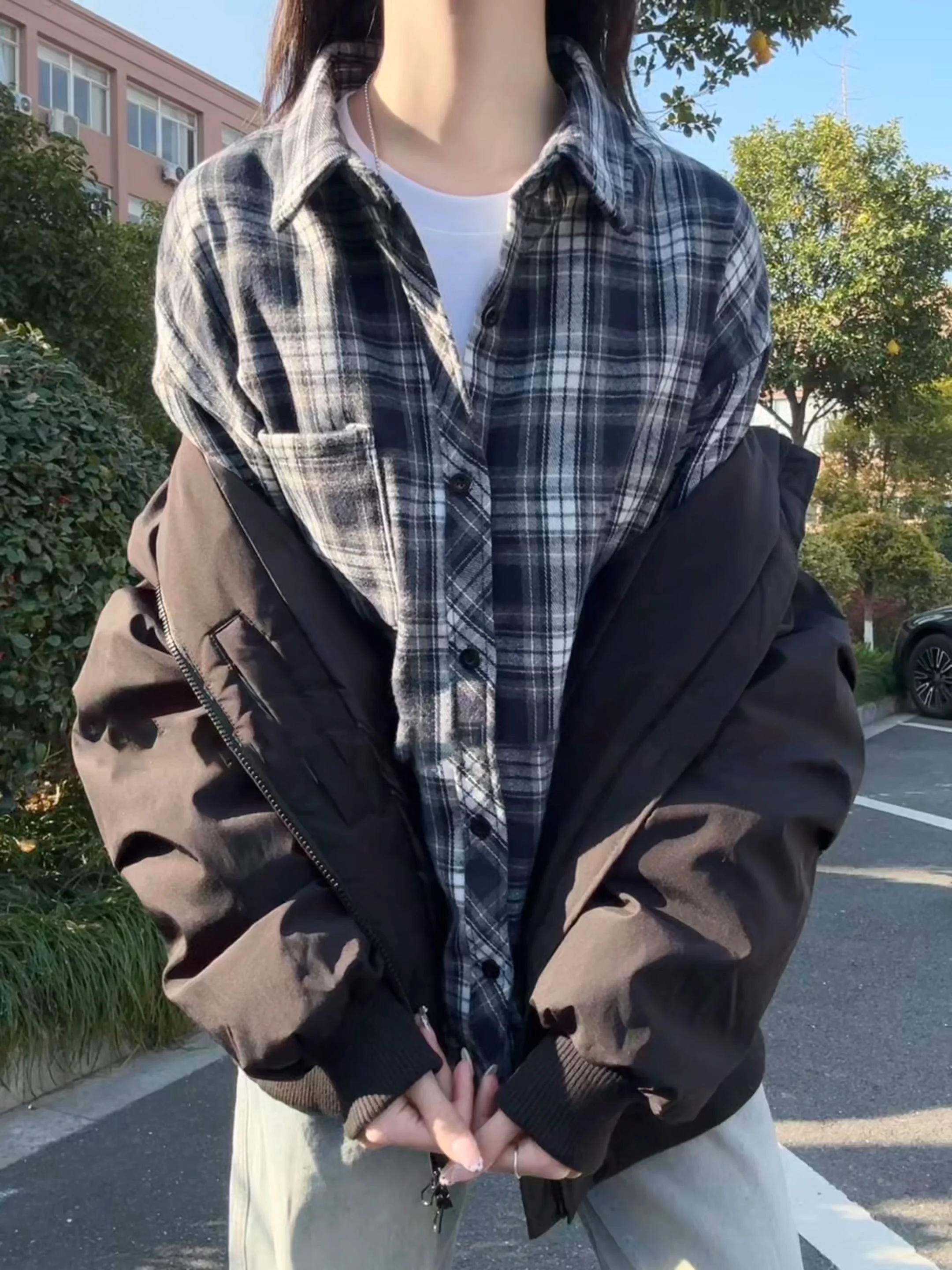 

Cobalt Blue Vintage Plaid Men's Long Sve Fce Lined irt Spring Autumn Korean Sle Casual Faion Warm Outerwear