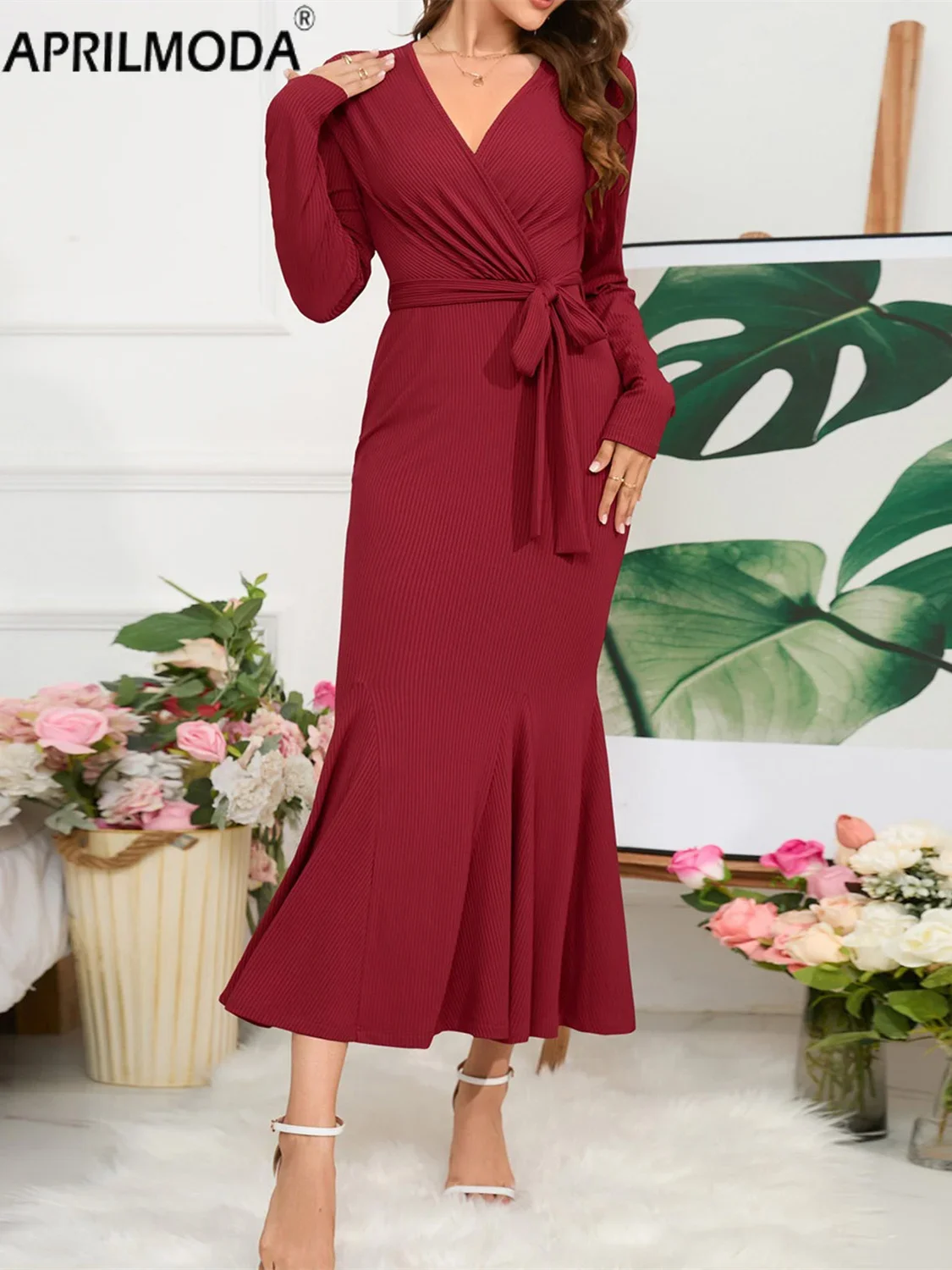 2025 Long Sleeve Mermaid Knitting Women Casual Dress Elegant Solid V Neck Office OL Sheath Slim Maxi Party Bodycon Dresses