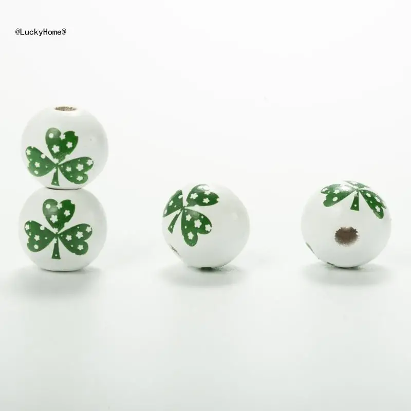 Patrick's Day Beads 10 Pcs Irish Clover Pattern Wooden Round Bead for DIY Home Festival Party Crafts Decor 11UA