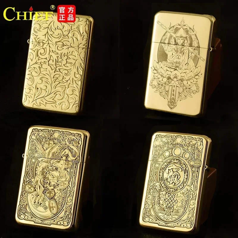 Chief Creative Engraved Brass Lighter Light Old-fashioned Sand Wheel Windproof Kerosene Lighter Customized Gift Gadgets for Men