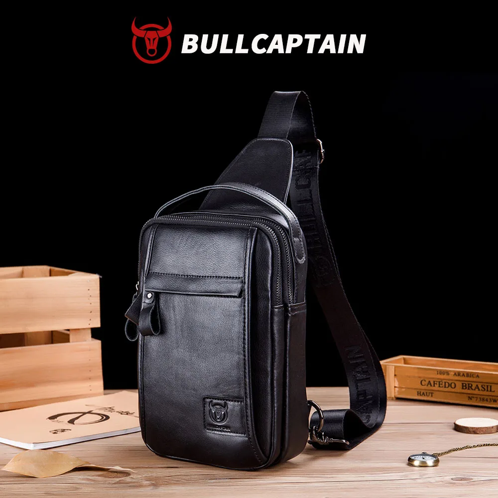 BULLCAPTAIN Genuine Leather Men's Chest Bag Multi Function Bag Can Accommodate 7.9 Inch IPai Pocket Fashion Men's Crossbody Bag