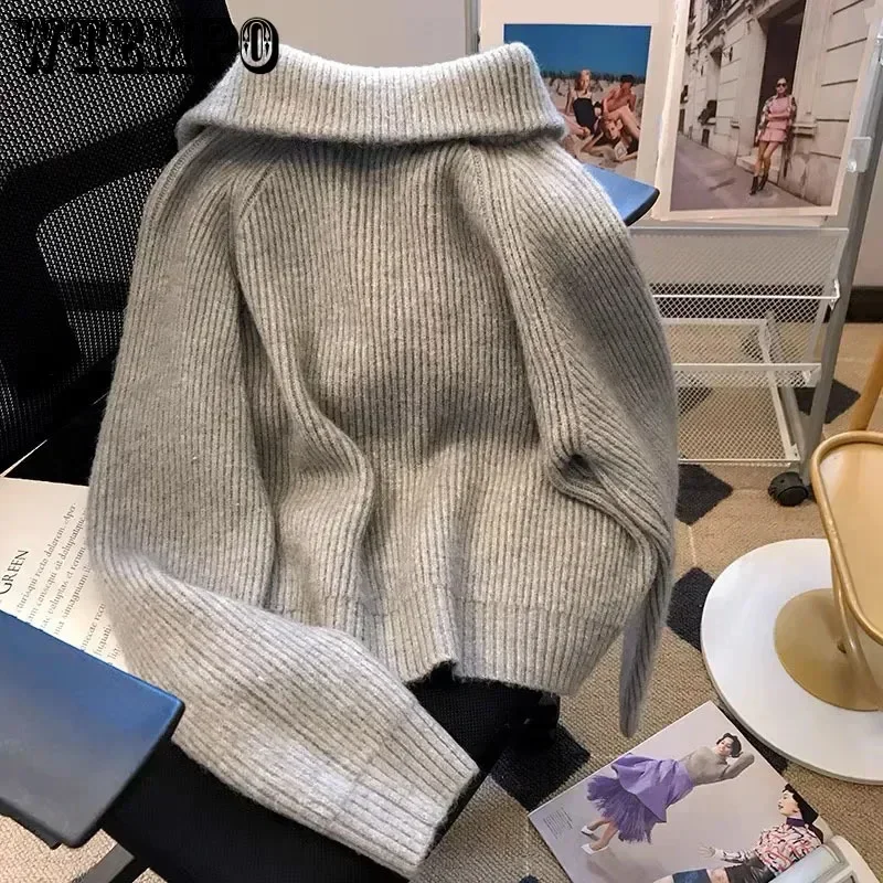 Dark Grey Knit Cardigan Double End Zipper Short Top Turndown Collar Coat Women Slim Warm Korean Fashion American Spring Fall