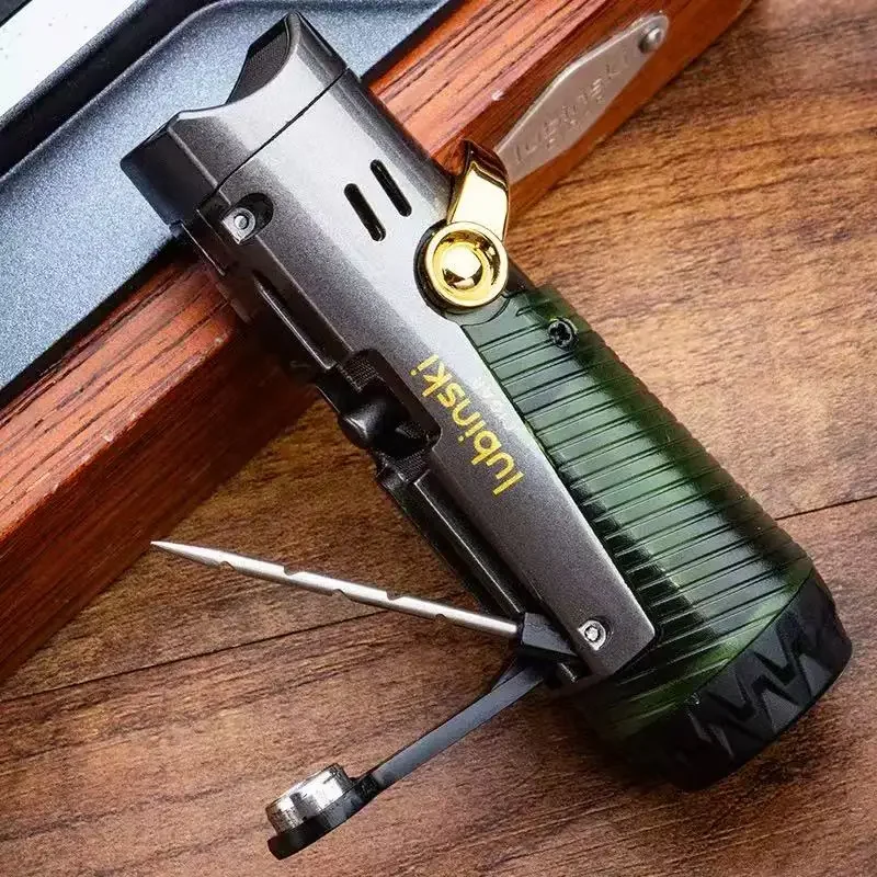 مجموعة كومبو سيجار مكونة من قطعتين من Lubinski، ولاعة نفاثة واحدة محمولة متعددة الوظائف لهب أزرق وقاطعة على شكل حرف V