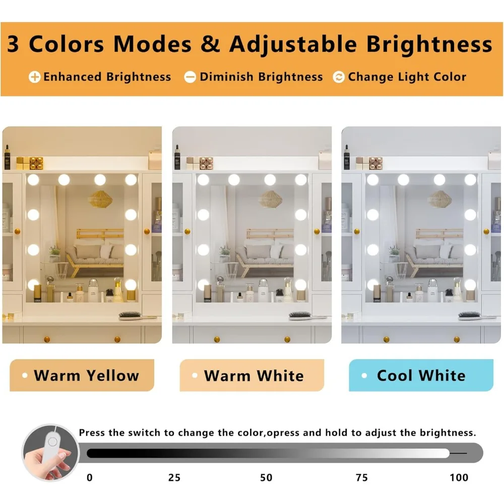 مكياج أبيض فاخر مقاس 43 بوصة مع مرآة وإضاءة و5 أدراج وخزائن زجاجية ومقعد ومخرج طاقة