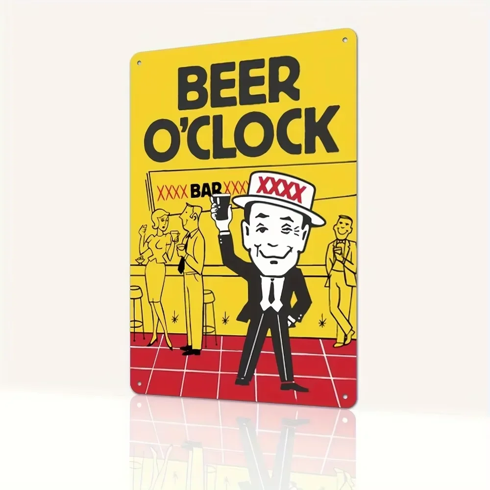 لافتة معدنية "Beer O'Clock" غير منتفخة - ديكور قديم مع أنماط كرتونية ممتعة، مادة متينة مقاومة للصدأ، مثالية للنوادي والكراجات