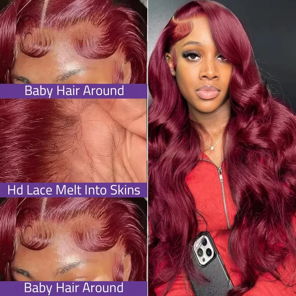 36 بوصة 200 الكثافة بورجوندي 13x6 HD الدانتيل الباروكة الأمامية 99j الجسم موجة 13x4 الدانتيل الجبهة الباروكات 100% شعر الإنسان البرازيلي الدانتيل الباروكات