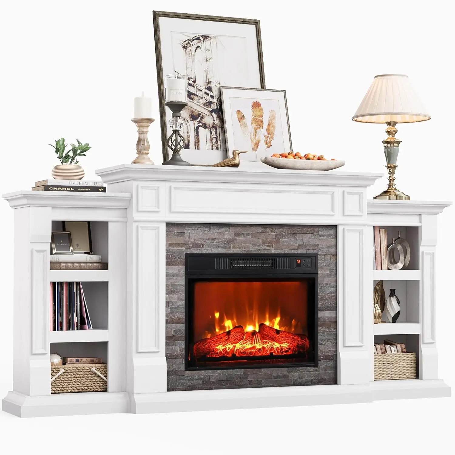 

72" Electric Fireplace TV Stand Entertainment Center Storage Mantel 23" Insert Heater Living Room