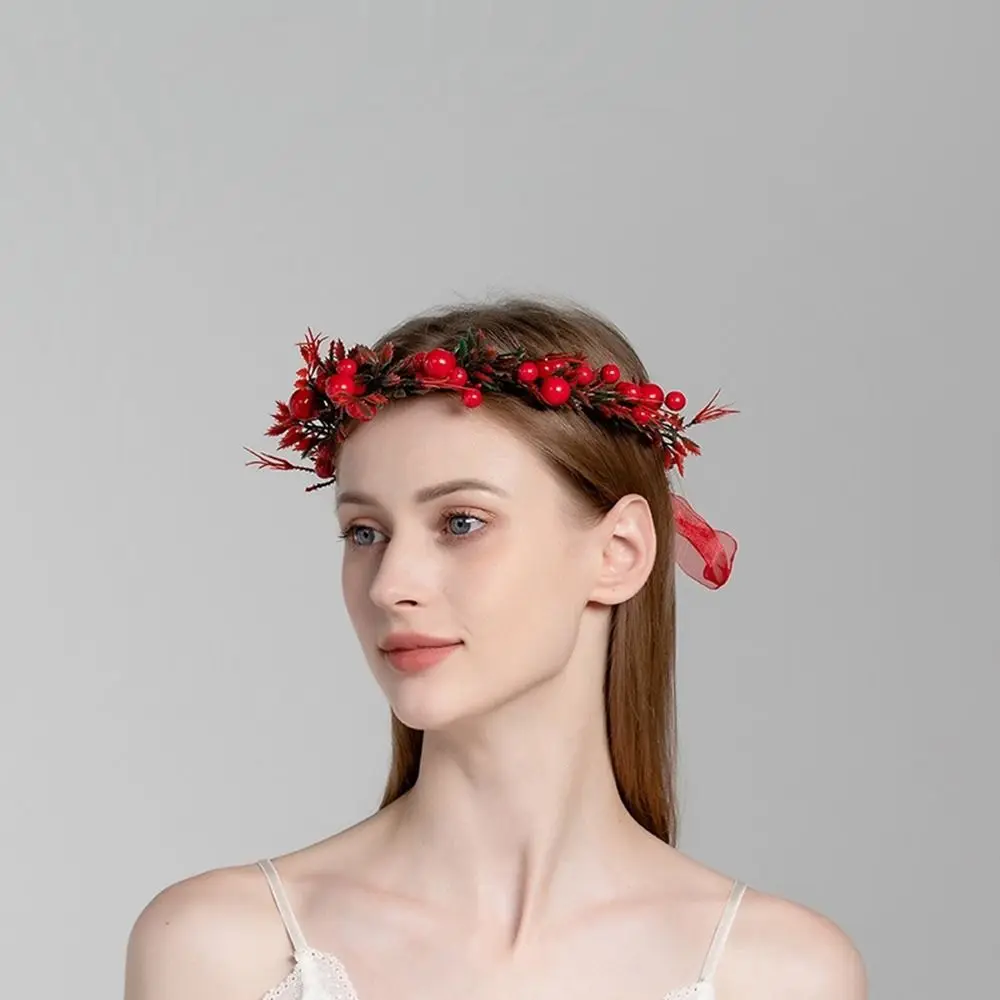 

Rose Flower New Year Decoration Christmas Headband Crown Flower Headband Women Headwear Wreath Decoration Red Berry Garland