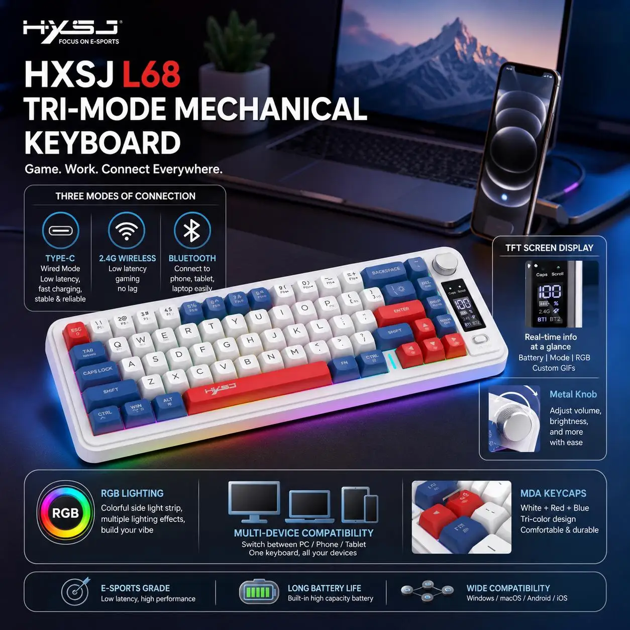 68 Key Wireless Tri-mode Keyboard Bluetooth 2.4G RGB Backlight Ergonomic ABS Color Keycaps Portable Mini Keyboard ForPCs, etc