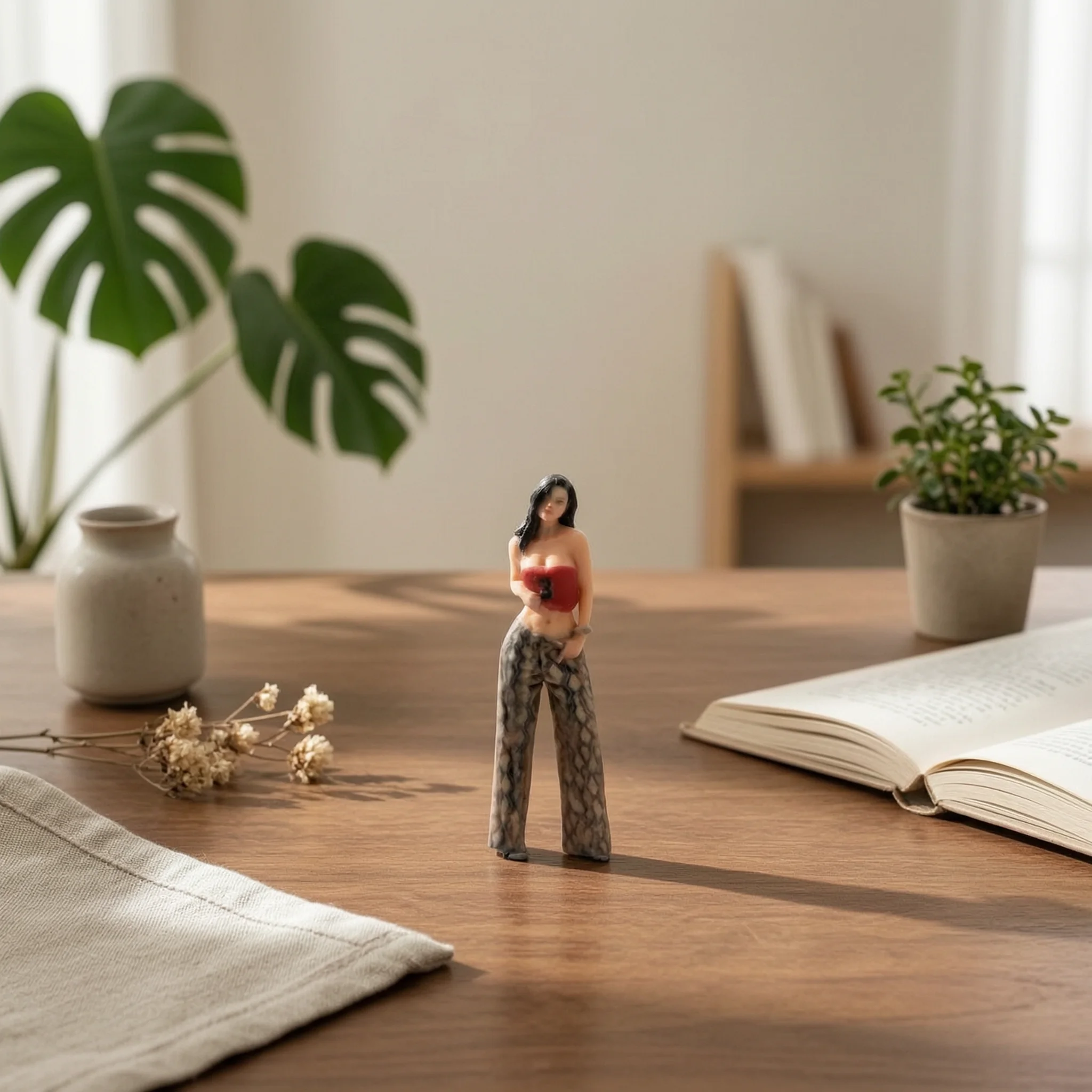 

1/64 Scale Figurine Patterned Trousers Small Standing Woman Figurine Painted Resin Woman Mini Size Miniature Decoration