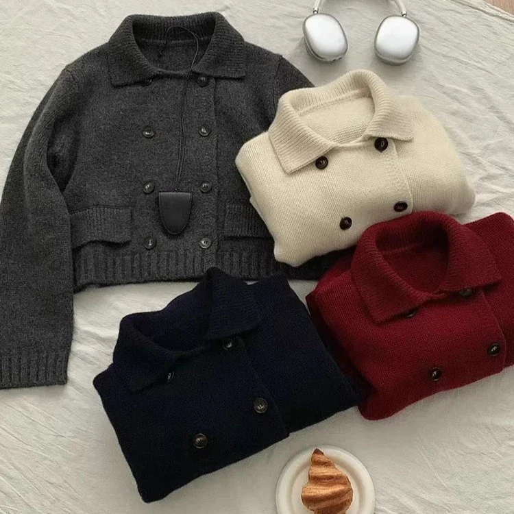 

Осенне-зимний короткий кардиган, двубортный вязаный свитер, свободный отложной воротник, модные однотонные свитера y2k, молодежные женские