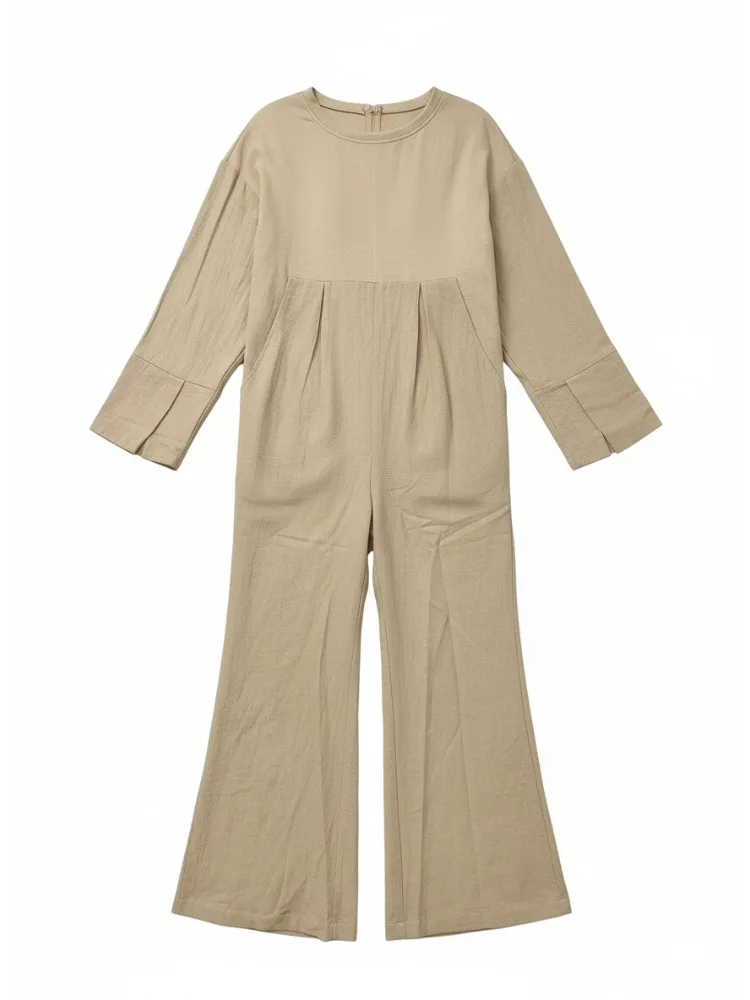 Onecozyday Women's Loose Fit Casual Jumpsuit Round Neck Long Sleeves Wide Leg Coveralls Autumn Stylish One-piece Suit Outfits