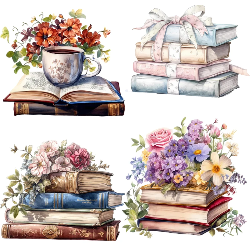 Three Ratels Q21 Watercolor Flowers and Books  Cartoon wall stickers art for home decoration