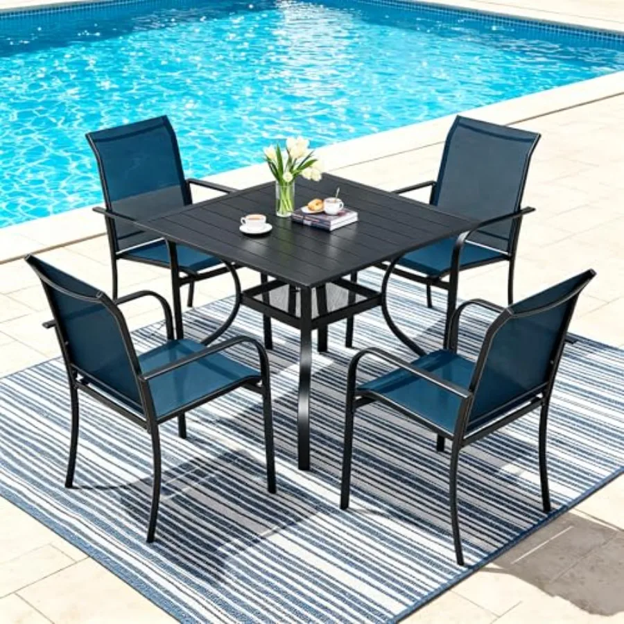 Outdoor dining set for lawn garden backyard deck: 5-pcs furniture set with 4 textilene chairs and 1 steel slat metal bistro tab