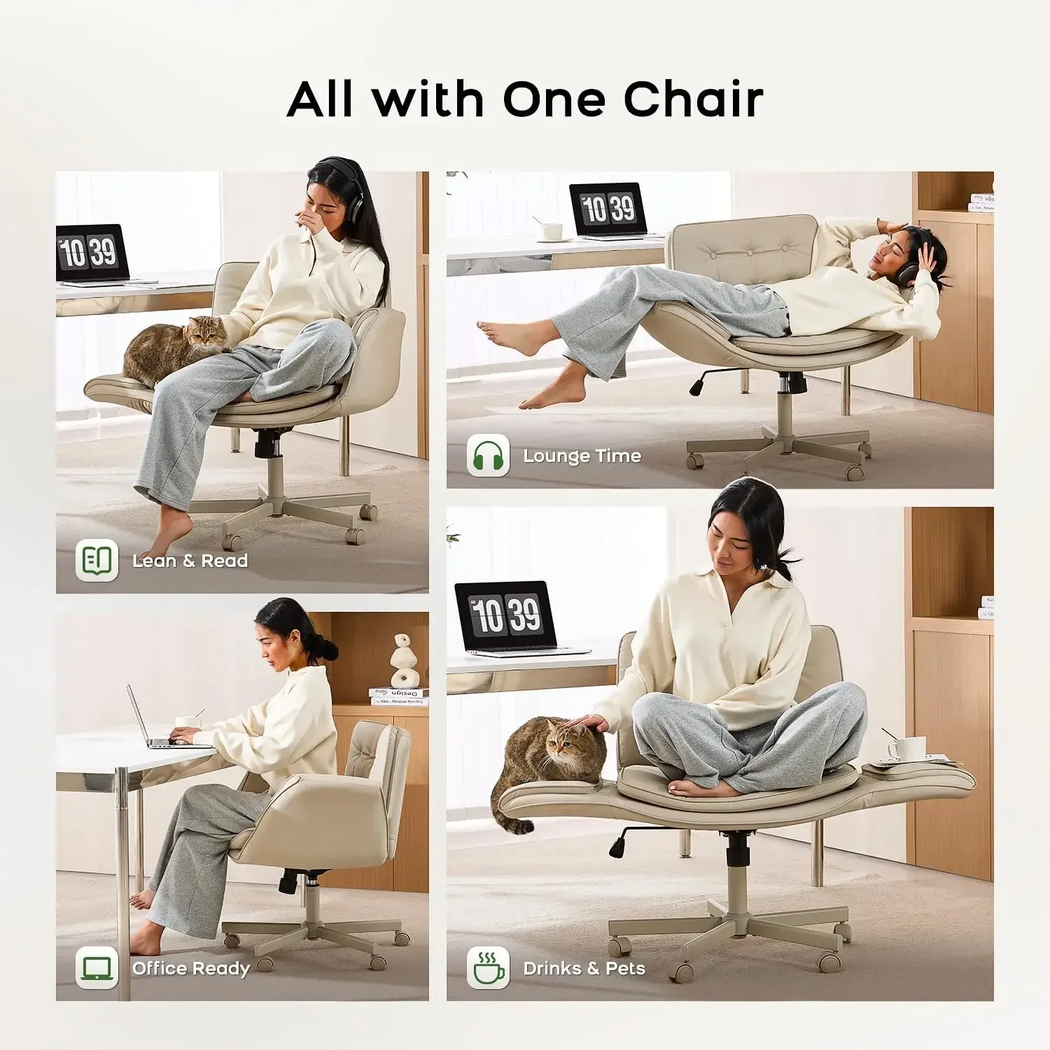 [شحن مجاني، وصول جديد! ] كرسي متقاطع مع مساند للذراعين وعجلات، كرسي زينة من جلد البولي يوريثان، شركة دوارة مريحة قابلة للتعديل