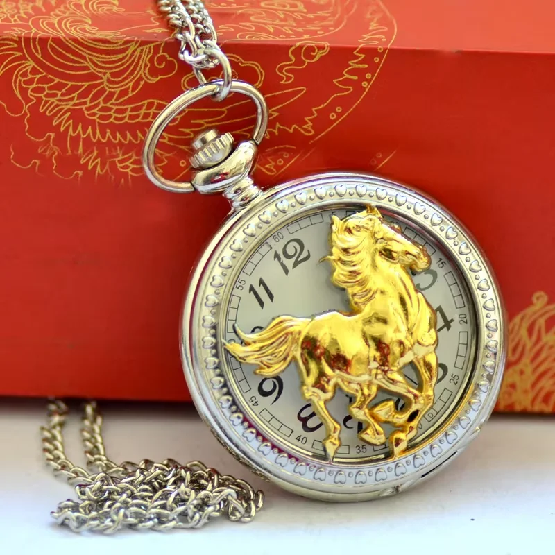 

8106Large room gold hollow horse pocket watch Retro hollow Pentium horse pocket watch Single gun horse pocket watch