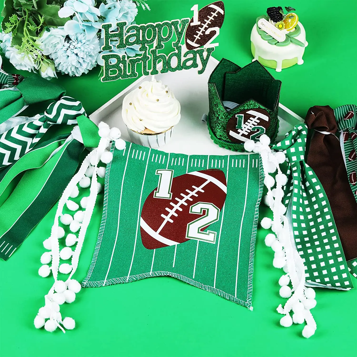 Football Half Birthday Decoration Cake Topper, 1 Way to First High Chair Banner, Crown Hat for Boy 6 Months Rugby Party Supplies