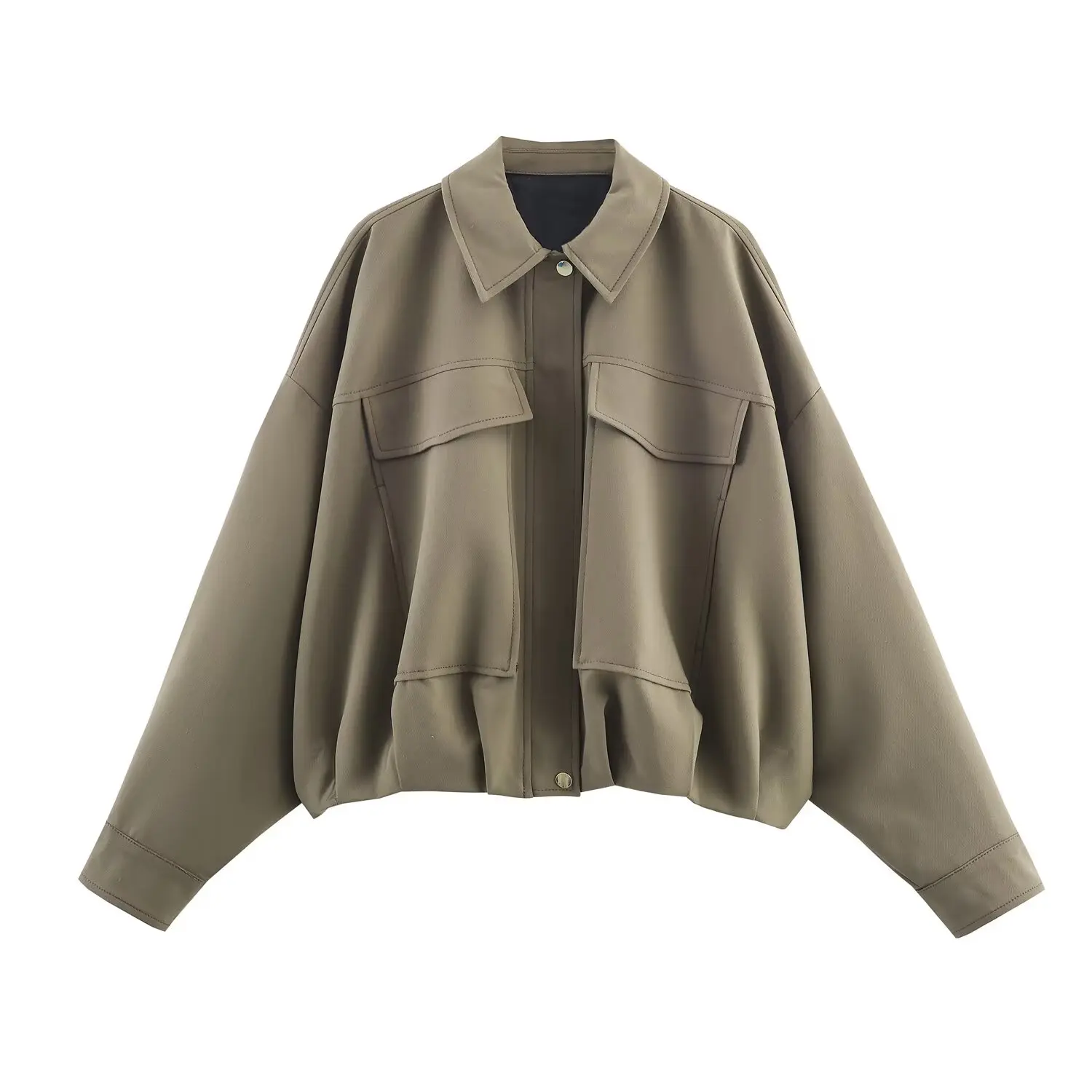 

Fall/Winter New Arrival Women's Pleated Hem Pilot Jacket Stylish Streetwear Zipper Pocket Oversized Solid Color Jacket