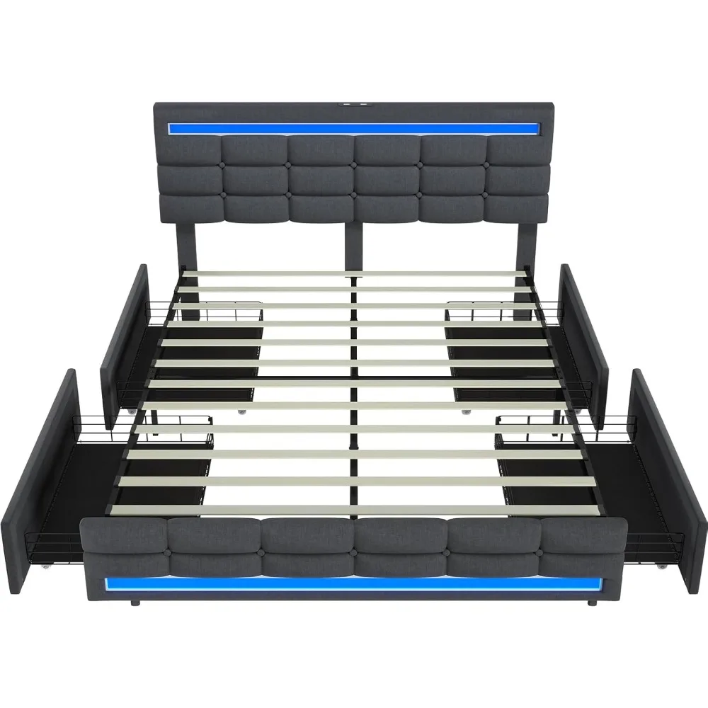 LED Full Size Bed Frame, LED Lights Headboard Footboard, Square Stitched Button Tufted Design, Upholstered Platform Bed Frame