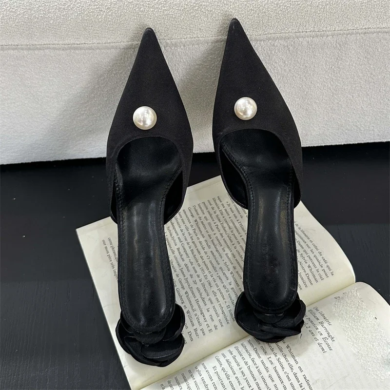 Eilyken Designer Silk Flower Woman Pumps Fashion Shallow Pointed Toe Low Thin Heels Shoes Ladies Slingbacks Slippers