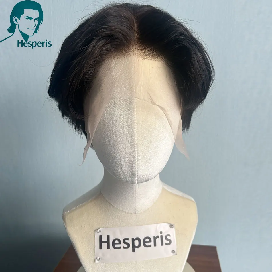 Hesperis Men's Real Human Hair Wig Pre-Styled Full Lace Transparent Lace Glueless Hair System for Hair Replacement