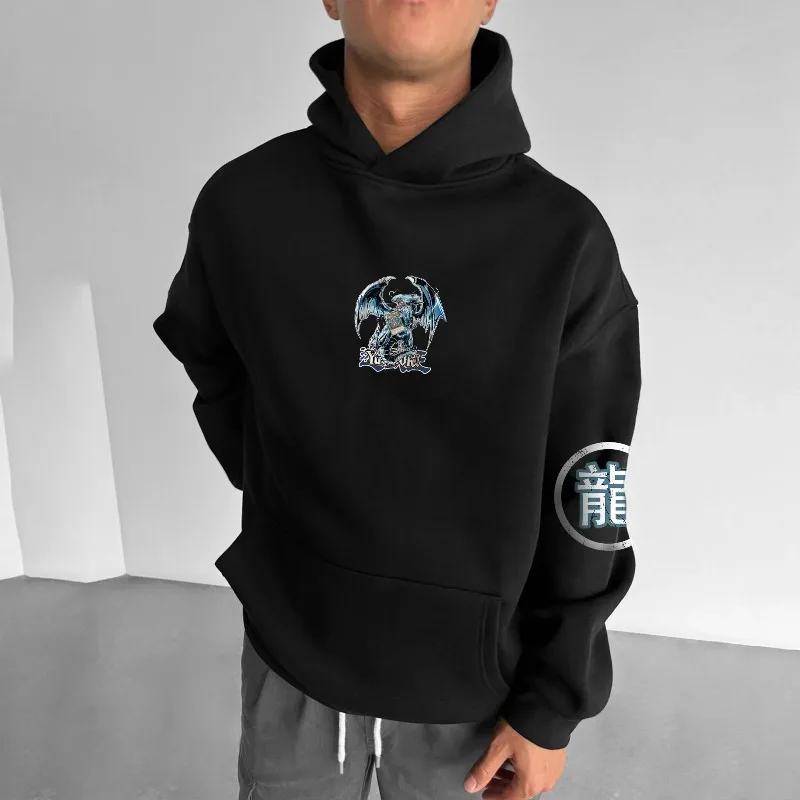 Classic Yu Gi Oh Ace Monster Blue Eyed White Dragon Printed Men's Autumn and Winter Thick and Wide Y2K Halloween COS Wide Hoodie view 3