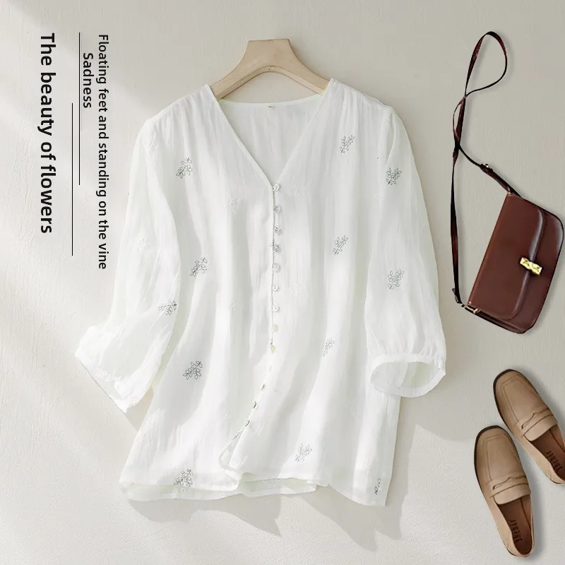 

Новая летняя женская футболка с V-образным вырезом и вышивкой, тонкая, из хлопка и льна, с коротким рукавом, а также удлиненная футболка из смесового хлопка и льна с длинным рукавом