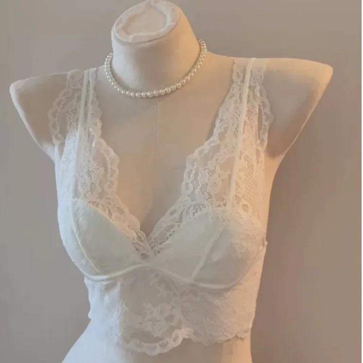 White Lace Seamless Close-Fitting Vest-Style Bra Inner Layer Comfortable Underwear French Style for Young Women No Fastener