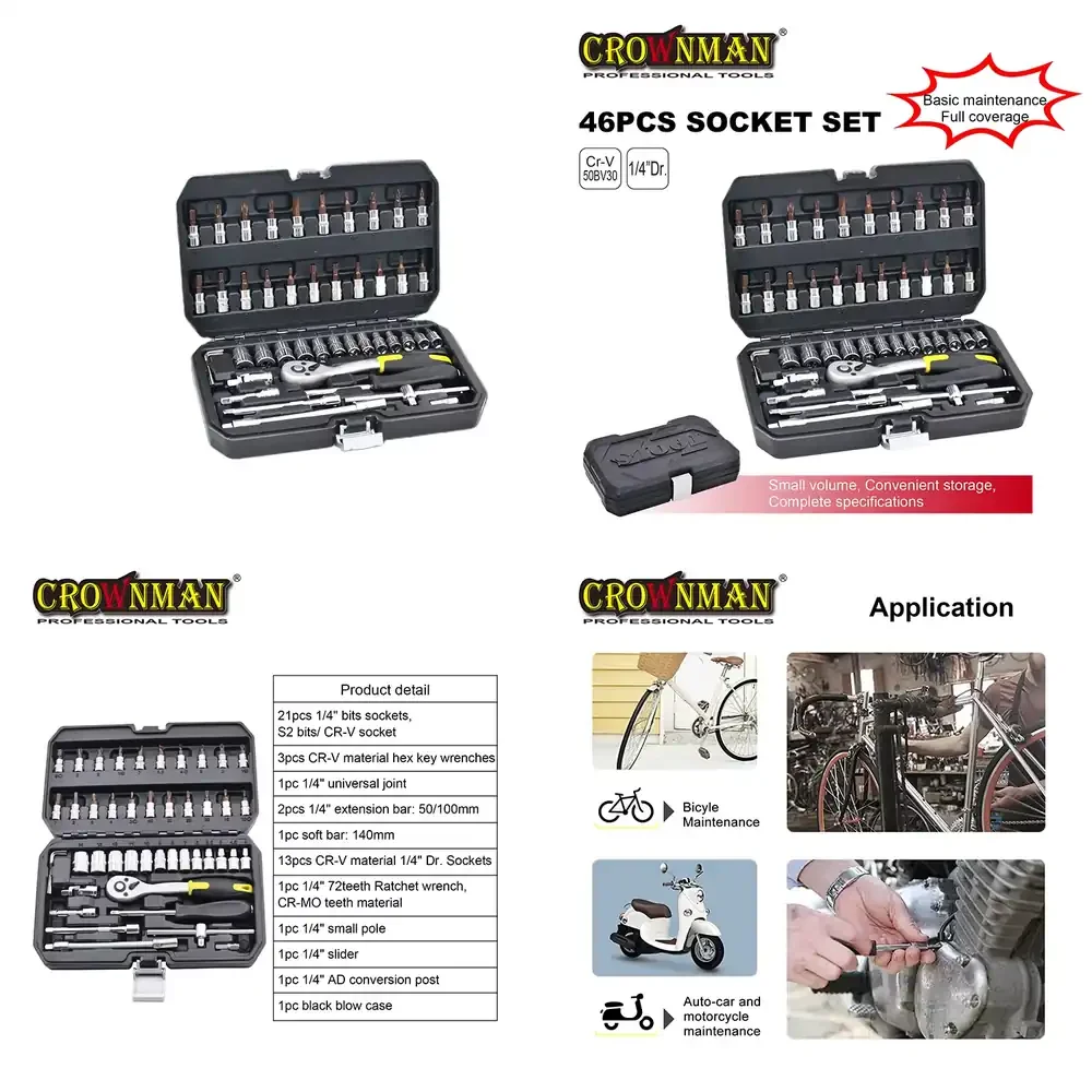 

CROWNMAN 46pcs 1/4in 4-14mm Hand Tools Wrench Socket Bits Screwdriver Sets