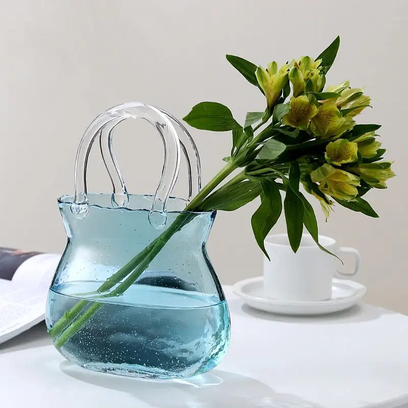 Handbag Shape Flower Vase Fish Tank Transparent Glass Hydroponic Plant Container for Home Office Decor Small Goldfish Container