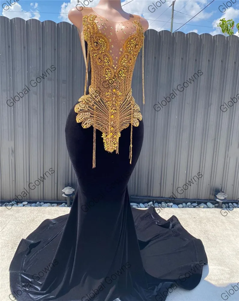 Sheer O Neck Long Prom Gowns For Black Girls Gold Beaded Crystal Birthday Party Dresses Tassel Evening Dress Robe De Customized image 4