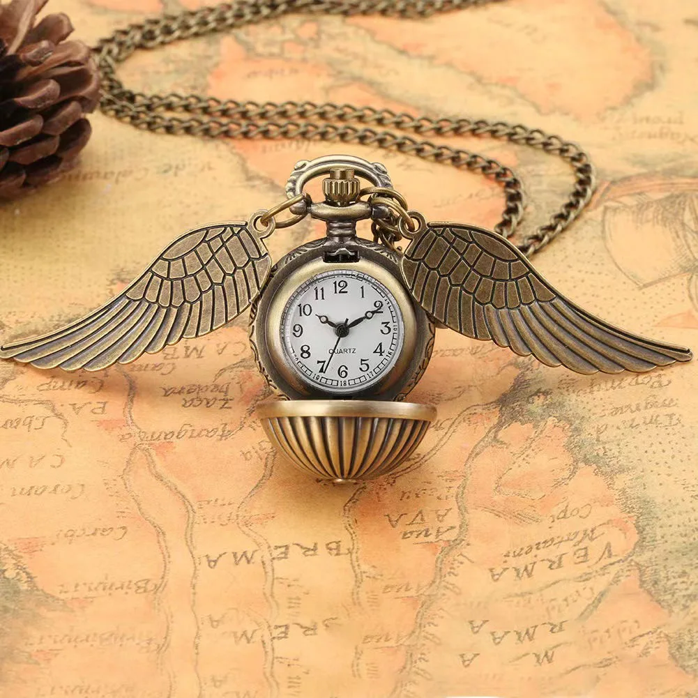 10pcs/lot Pocket Watch Steampunk Bronze Ball Shape Full Hunter Bronze Copper Wing Modern Web Pattern Womens Kids Necklace Chain